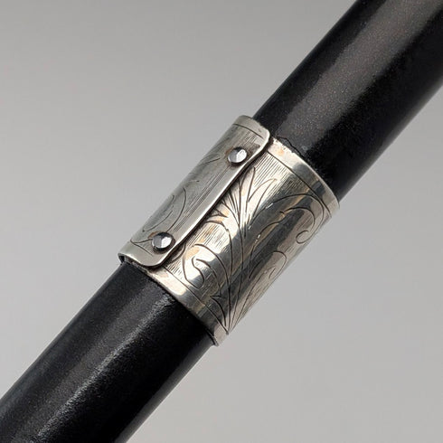 1920s-30s British vintage black shaft curved handle sterling silver decorated walking stick 78cm